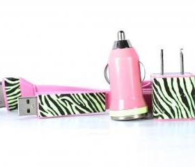iPhone 4/4s Charger - Zebra Glow in the Dark Flat Noodle iPhone Charger (Pink)