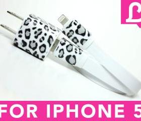 iPhone 5 Charger - 2-in-1 Snow Leopard White iPhone 5 Charger w/ Flat iPhone 5 Cable