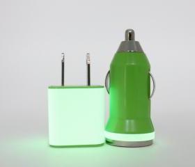 Glow in the Dark trim on Green iPhone wall and car charger set - iPhone 5 compatible