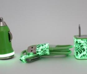 iPhone Car Charger & Wall Adapter in Green Damask Print Glow