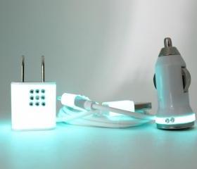 Teal Glow in the Dark charger trim on white iphone charger set with rhinestones