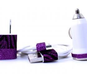 iPhone Charger - Zebra and Purple Glitter wall and car charger