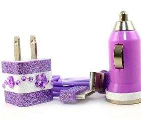 READY TO SHIP Purple & White iPhone Car Charger, Wall Charger and Cable for iPhone