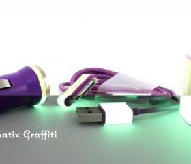 Glow in the dark iphone charger with purple wall adapter and car charger