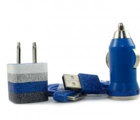 Glitter iphone charger - Blue stripes - includes usb cable, wall & car charger