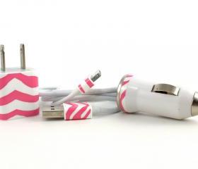 Candy Pink Zebra print iPhone car charger, wall adapter and cable