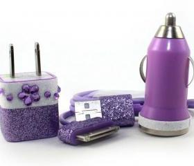 Tropical Island inspired purple and white iphone charger set - also compatible with ipads and ipods