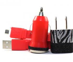 Red Mobile Phone Micro USB Charger with Black and Silver Zebra Print Trim for Android Devices