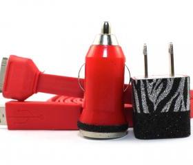 Red iPhone Charger Extra Long 10 feet cable and Black and Silver Zebra Trim