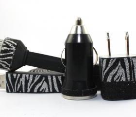 Glitter Zebra Print and Black iPhone Charger - Extra Long - 10 feet cable