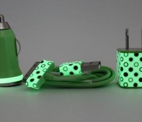 iPhone Travel / Car Charger & Wall Adapter in Green Polka Dot Print Trim